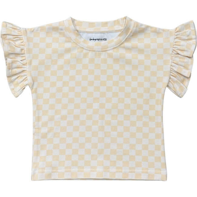 Girl's Ruffle Sleeve Top Checkered in Rutabaga