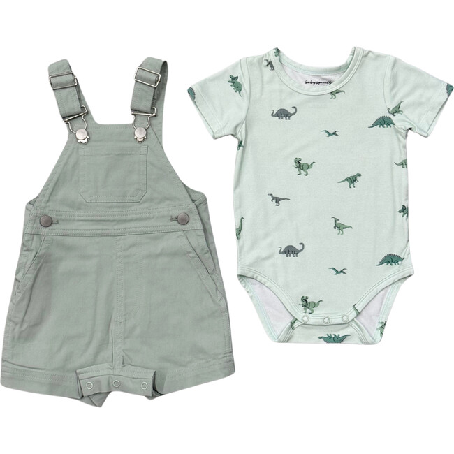 Cotton Overalls Set Aqua Grey/Dinosaur