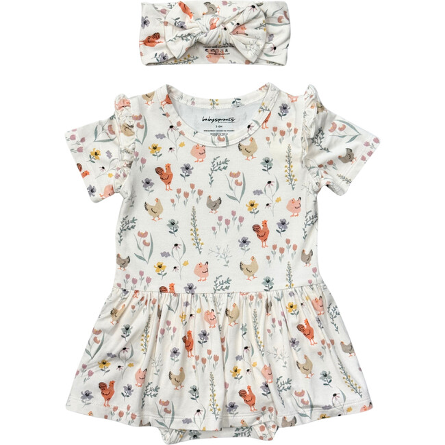 Girl's Short Sleeve Bodysuit Dress Set Floral Chickens