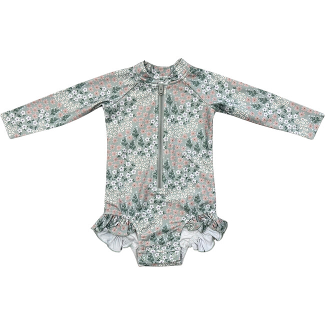Girl's One-Piece Ruffle Rash Guard Swimsuit Aqua Grey Floral