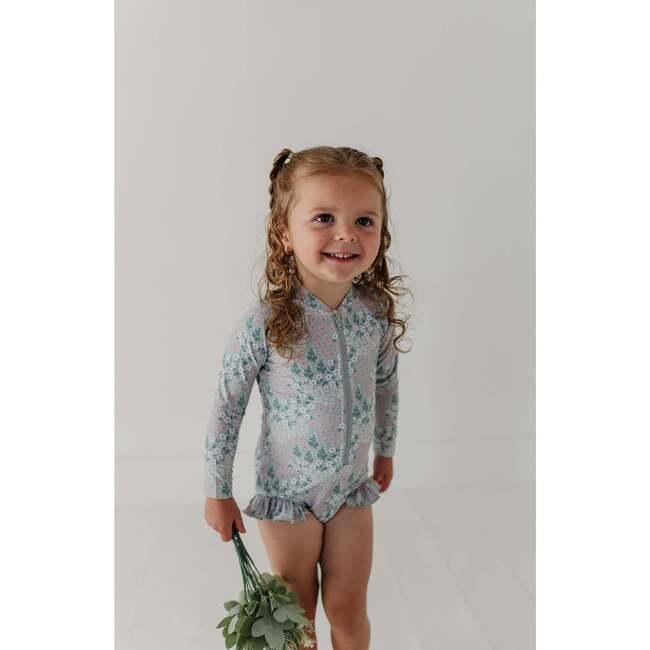 Girl's One-Piece Ruffle Rash Guard Swimsuit Aqua Grey Floral - One Pieces - 5