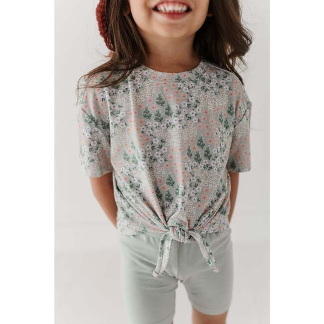Girl's Tie Front Shirt Aqua Grey Floral - T-Shirts - 5