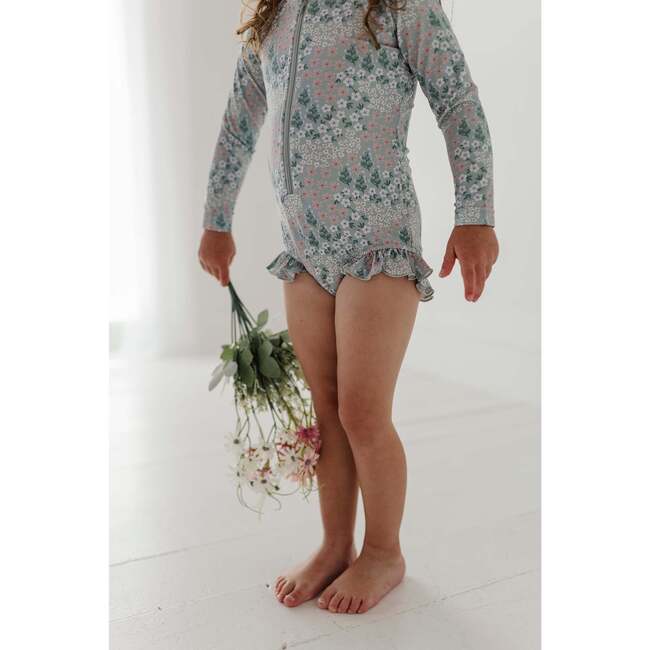 Girl's One-Piece Ruffle Rash Guard Swimsuit Aqua Grey Floral - One Pieces - 7