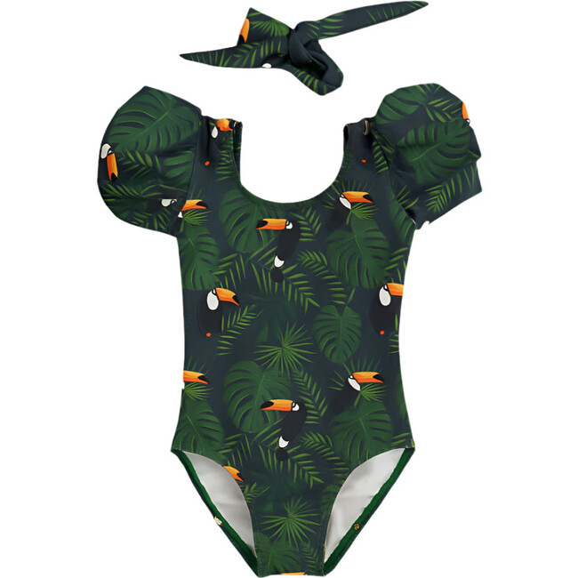 Lola Short Puff Sleeve One-Piece Swimsuit & Hair Band Set, Tropical Toucan