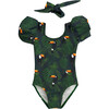Lola Short Puff Sleeve One-Piece Swimsuit & Hair Band Set, Tropical Toucan - One Pieces - 1 - thumbnail