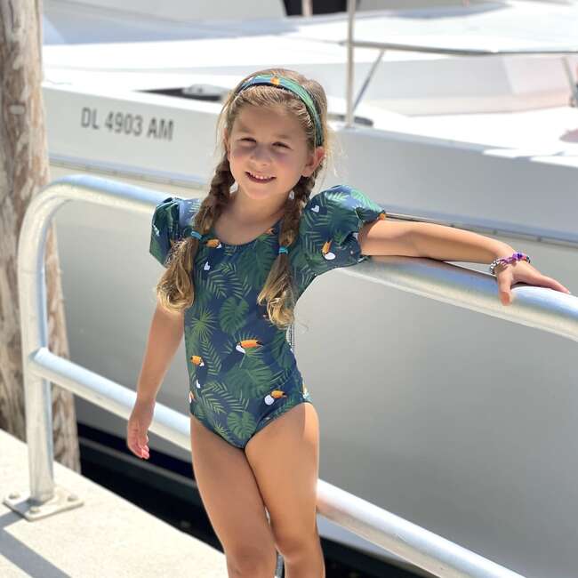 Lola Short Puff Sleeve One-Piece Swimsuit & Hair Band Set, Tropical Toucan