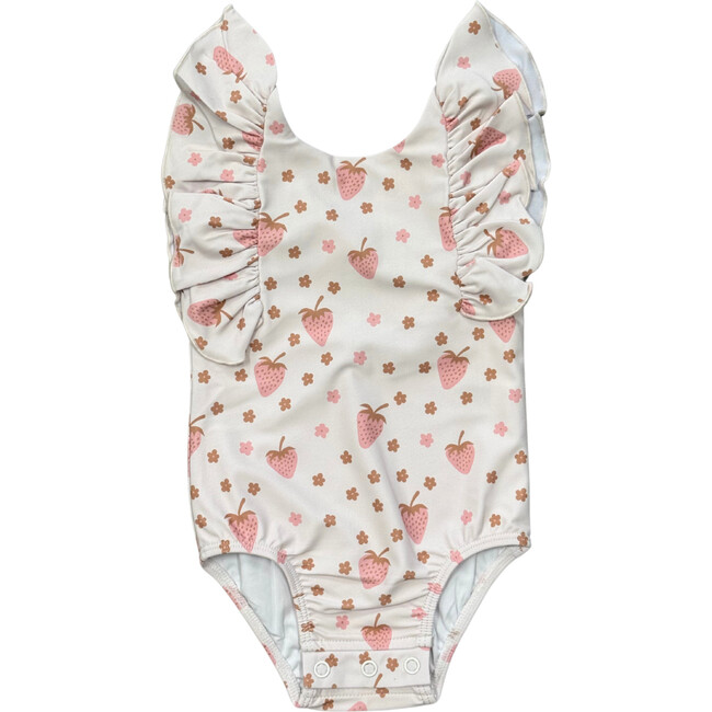 Girl's Ruffle Sleeve Cross Back Swimsuit Strawberries