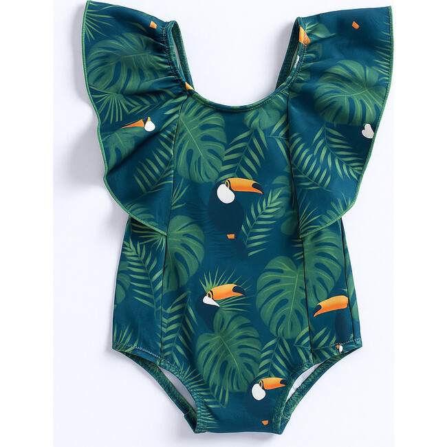 Juli Ruffle Shoulder One-Piece Swimsuit & Hair Band Set, Tropical Toucan