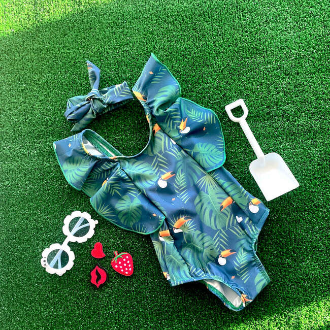 Juli Ruffle Shoulder One-Piece Swimsuit & Hair Band Set, Tropical Toucan - One Pieces - 6