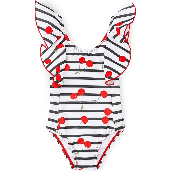 Juli Cherry Top Print Ruffle Shoulder V-Shaped Back One-Piece Swimsuit, Multicolors