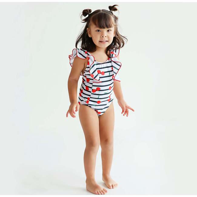 Juli Cherry Top Print Ruffle Shoulder V-Shaped Back One-Piece Swimsuit, Multicolors