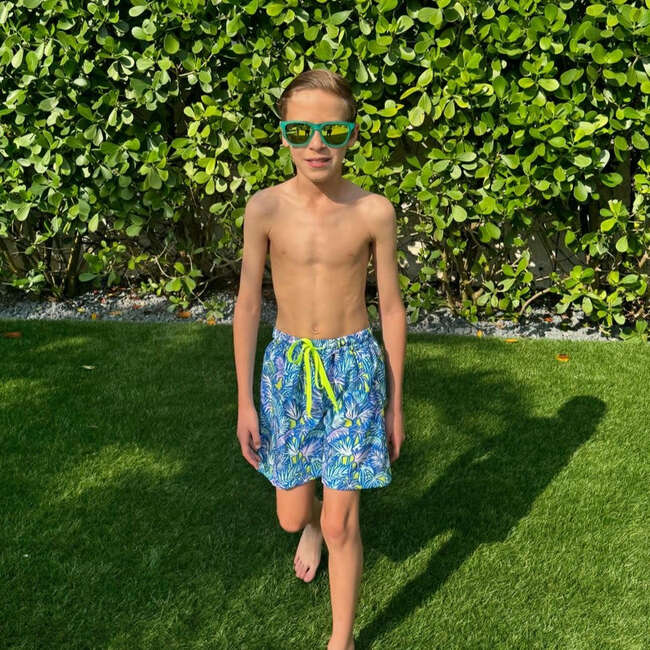 Gui Palm Neon Print Elastic Waist Drawstring Swim Trunks, Multicolors