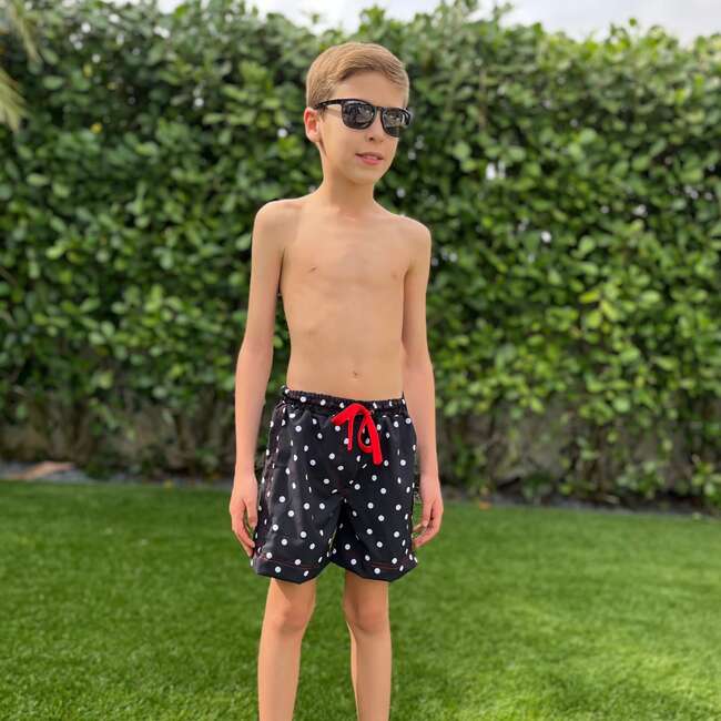 Gui Cherry Top Print Elastic Waist Drawstring Swim Trunks, Multicolors