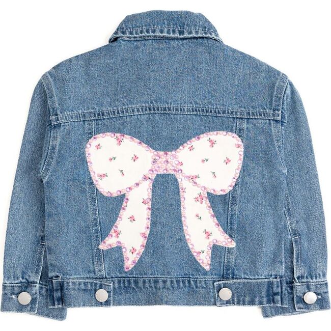 Pearl and Gemstone Floral Bow Patch Denim Jacket, Denim