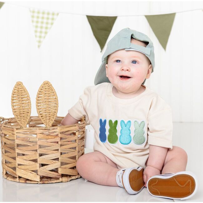 Peeps Embroidered Patch Easter Short Sleeve Romper, Natural