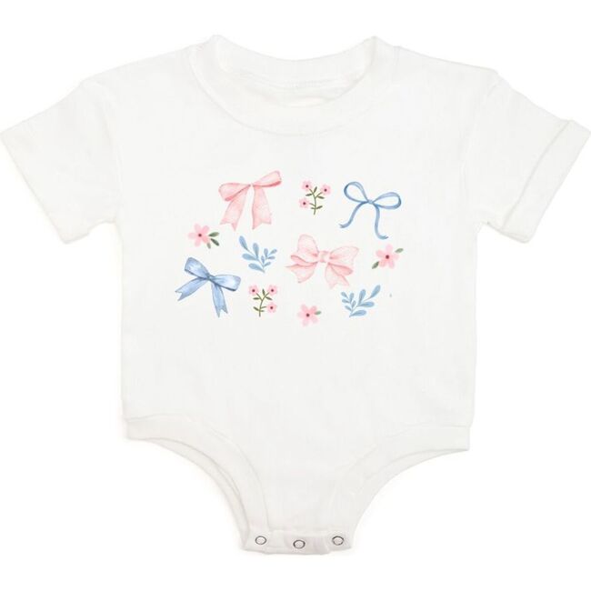 Floral & Bow Watercolor Short Sleeve Romper, White