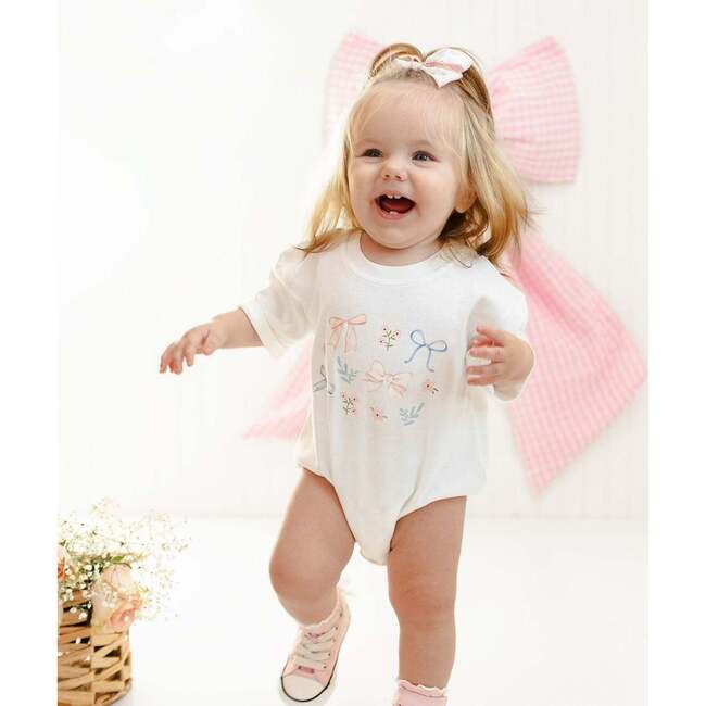 Floral & Bow Watercolor Short Sleeve Romper, White