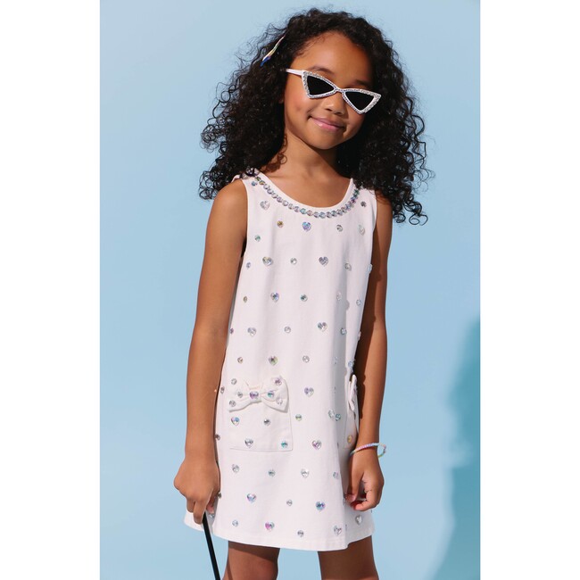 White Crystal Heart Denim Bow Dress - Dresses - 3