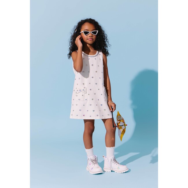 White Crystal Heart Denim Bow Dress - Dresses - 4