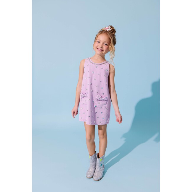 Lavender Crystal Heart Denim Bow Dress - Dresses - 4