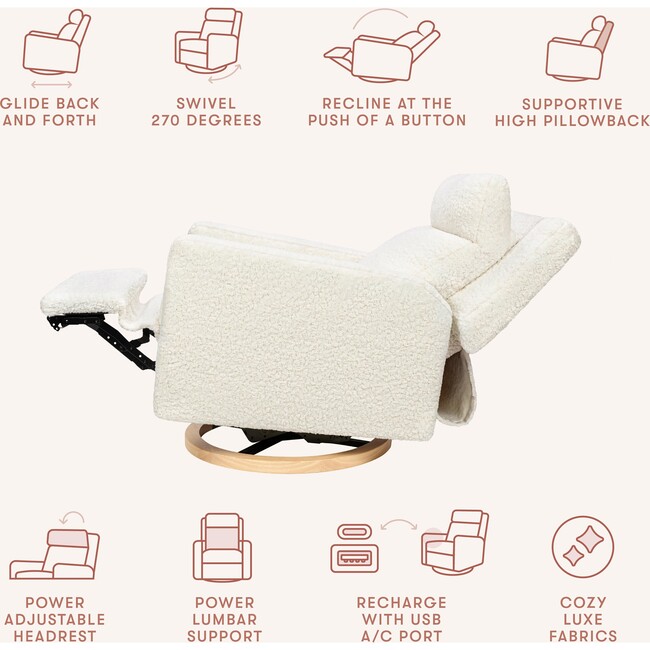 Sigi Pro Power Glider Recliner w/ Power Lumbar in Cream Shearling w/Light Wood Base