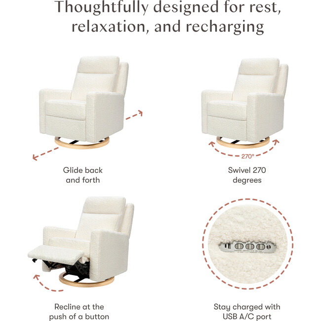 Sigi Pro Power Glider Recliner w/ Power Lumbar in Cream Shearling w/Light Wood Base - Nursery Chairs - 3