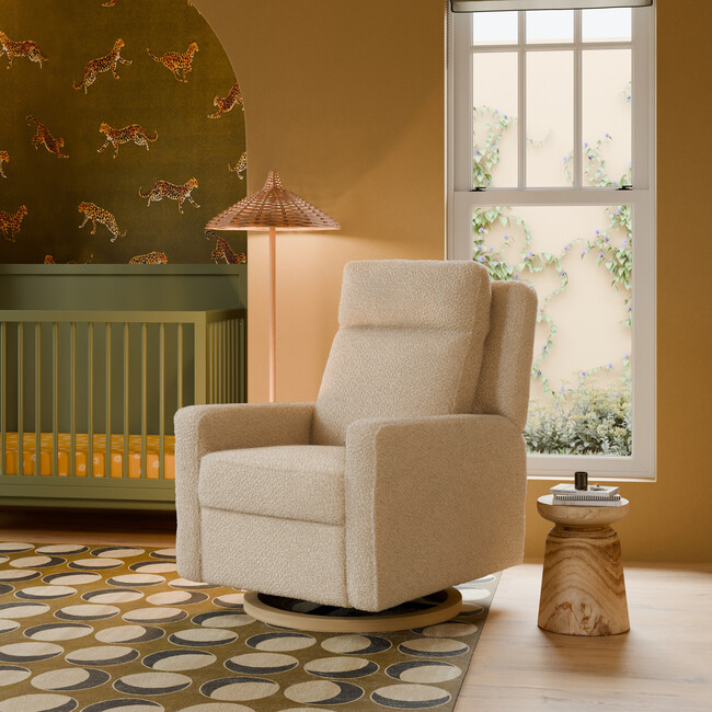 Sigi Pro Power Glider Recliner w/ Power Lumbar in Almond Teddy Loop w/Light Wood Base