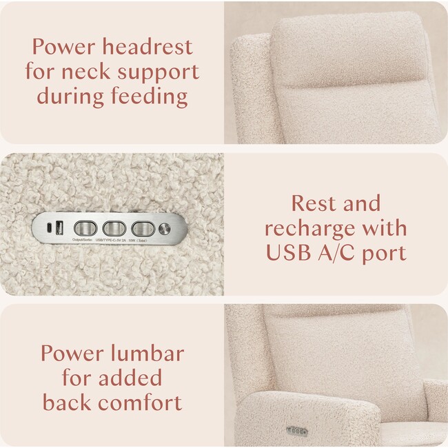 Sigi Pro Power Glider Recliner w/ Power Lumbar in Almond Teddy Loop w/Light Wood Base