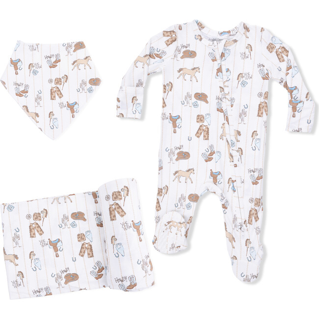 Cowboy Nursery -  2 Way Zipper Footie, Bandana Bib, & Swaddle Blanket Set
