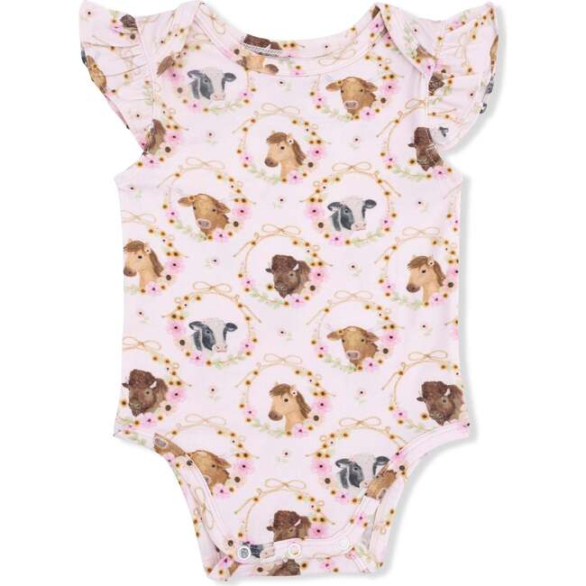 Farm Animals Floral Cameos Pink - Ruffle Sleeve Bodysuit