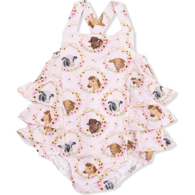 Farm Animals Floral Cameos Pink - Ruffle Sunsuit