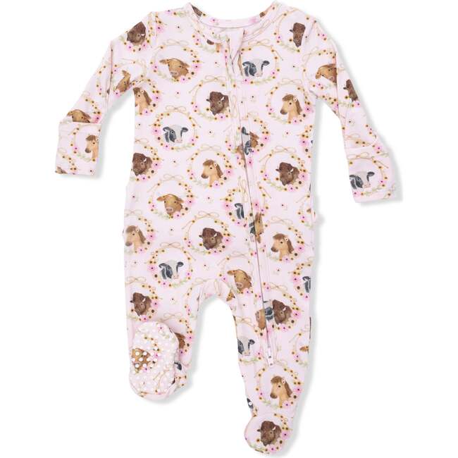 Farm Animals Floral Cameos Pink - 2 Way Ruffle Back Zipper Footie