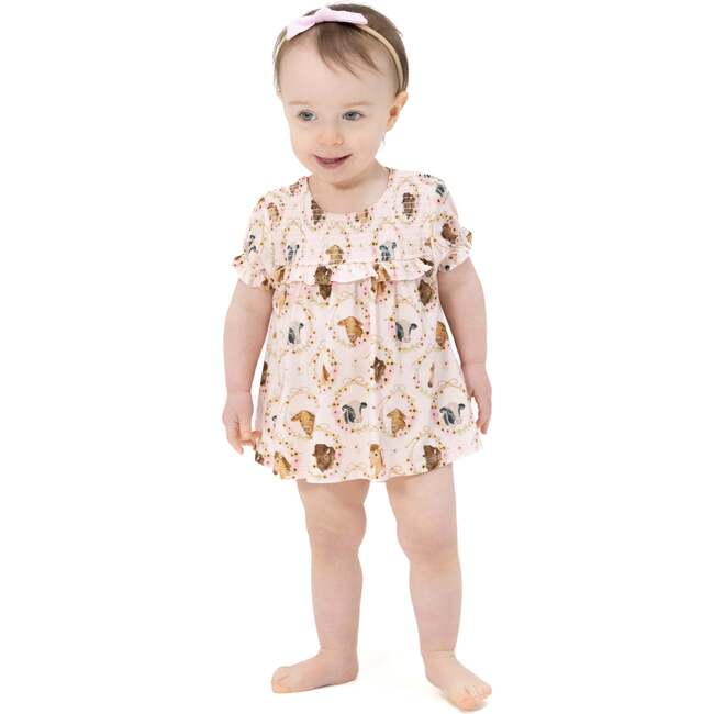 Farm Animals Floral Cameos Pink - Smocked Ruffle Bubble with Skirt