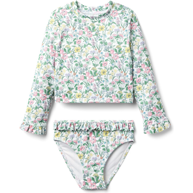 Recycled Floral Ruffle Rash Guard Swimsuit, Multi