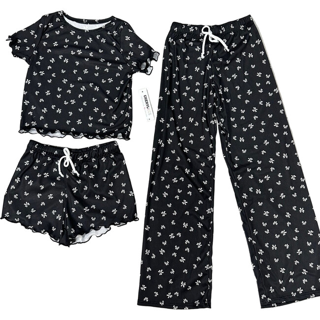 Girls 3 Piece Printed Loungewear Set,Black Bows