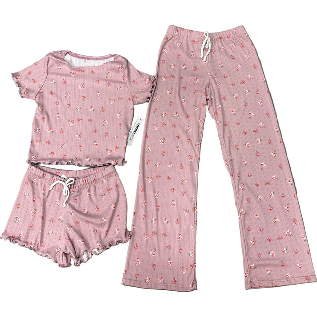 Girls 3 Piece Printed Loungewear Set,Pink Flowers