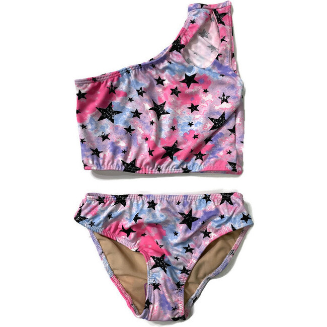 Girl's Two Piece One Shoulder Bathing Suit Fuchsia Stars
