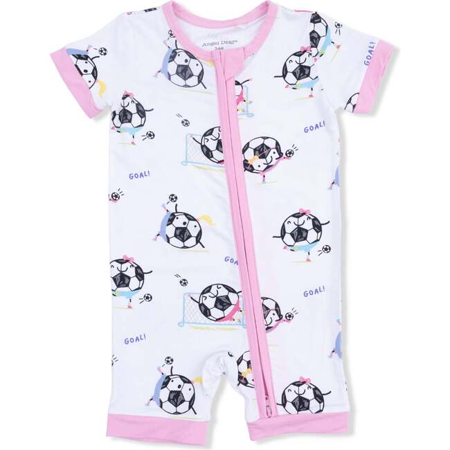 Soccer Balls Playing Soccer Pink, Shortie 2 Way Zipper Romper