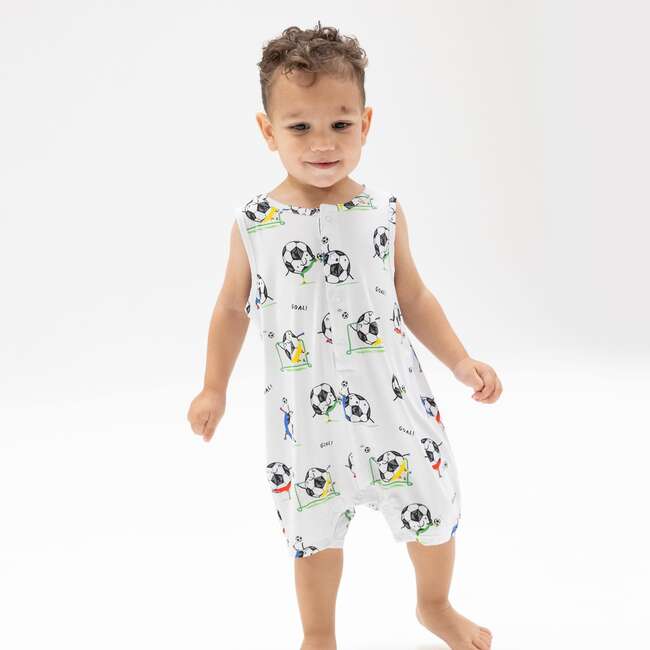 Soccer Balls Playing Soccer  Blue, Sleeveless Shortie Romper