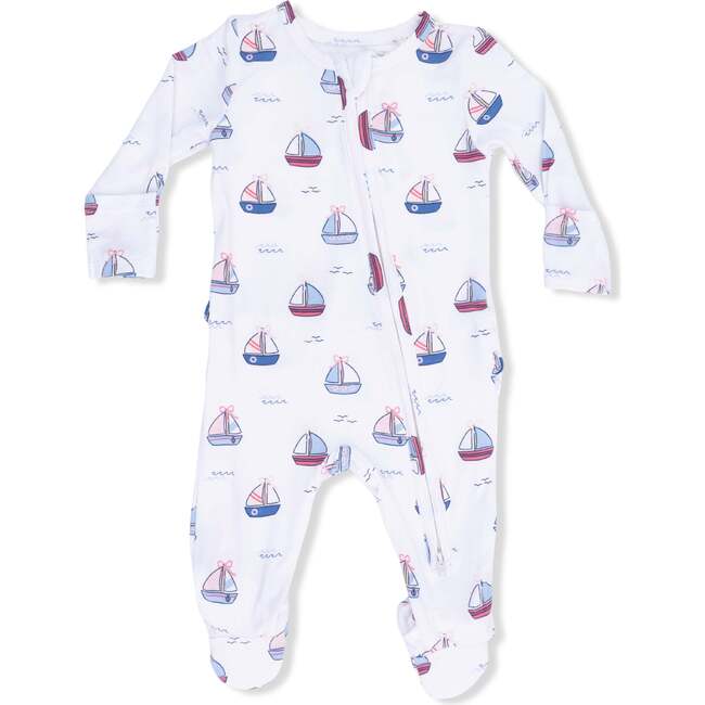 Bubbly Sailboats Pink, 2 Way Ruffle Back Zipper Footie