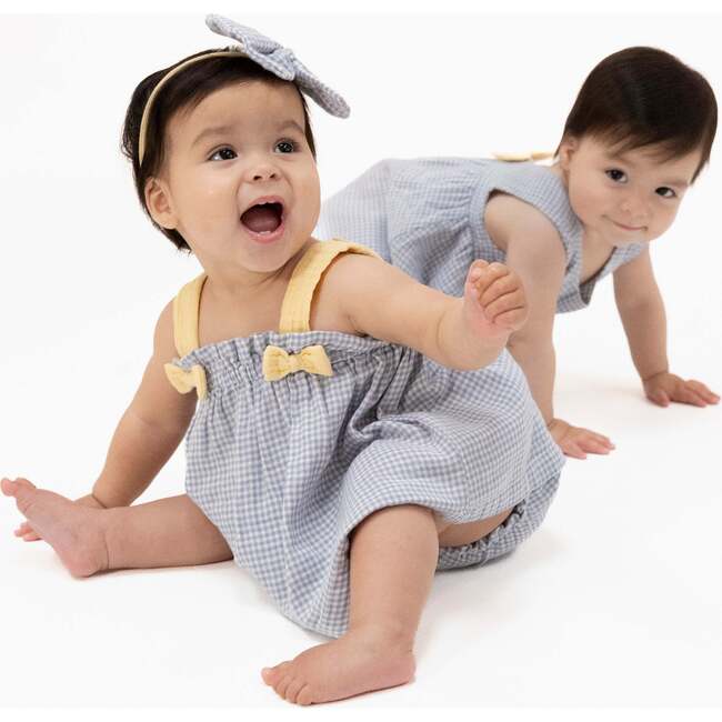 Micro Gingham Blue Blizzard, Top with Bows and Ruffle Leg Bloomer