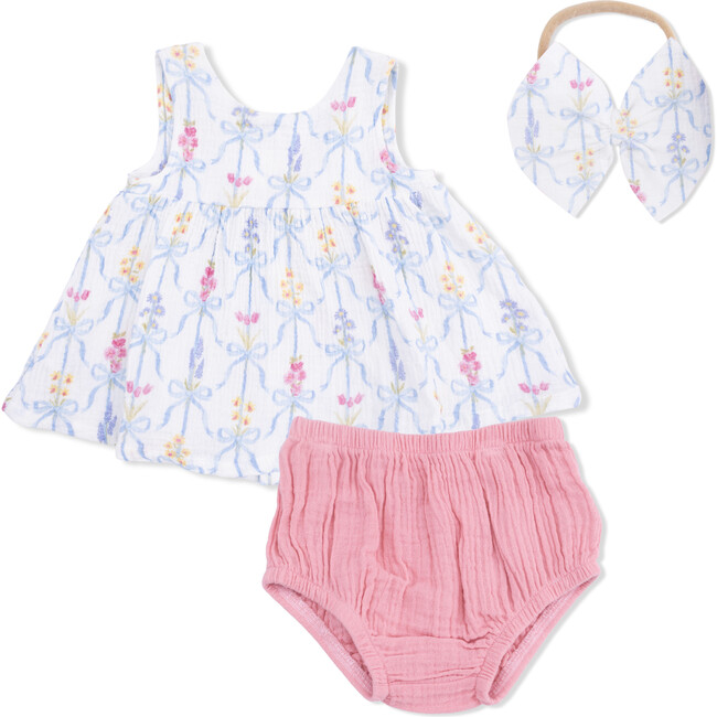Ribbon Bouquets, Dress with Bow & Bloomer with Bow on Headband Set