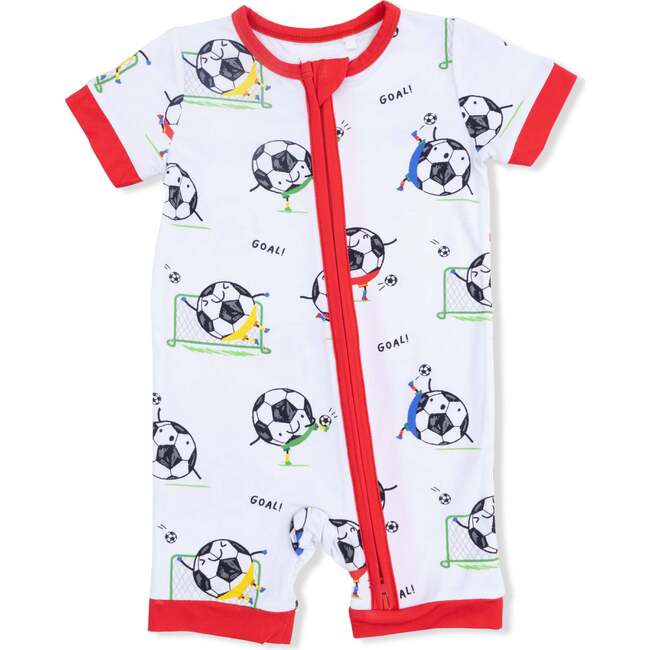 Soccer Balls Playing Soccer  Blue, Shortie 2 Way Zipper Romper