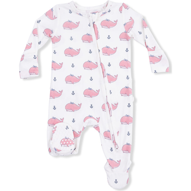 Bubbly Whale with Bow  Pink, 2 Way Ruffle Back Zipper Footie