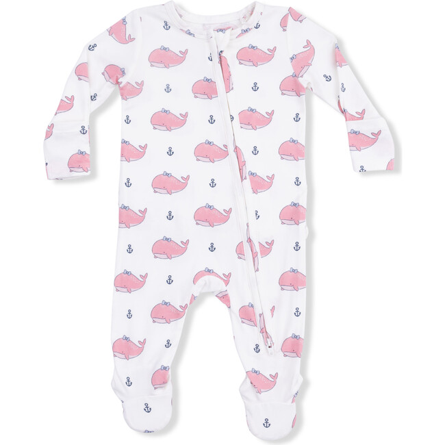 Bubbly Whale with Bow  Pink, 2 Way Ruffle Back Zipper Footie