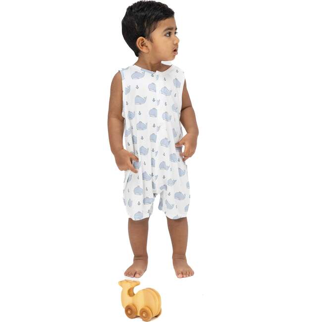 Bubbly Sailor Whales Blue, Sleeveless Shortie Romper