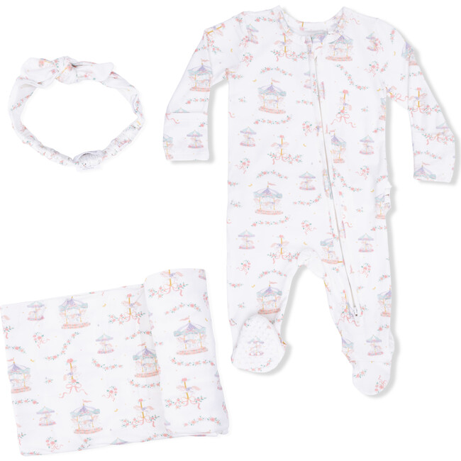Carousel with Bows, 2 Way Ruffle Back Zipper Footie, Headband, & Swaddle Blanket Set