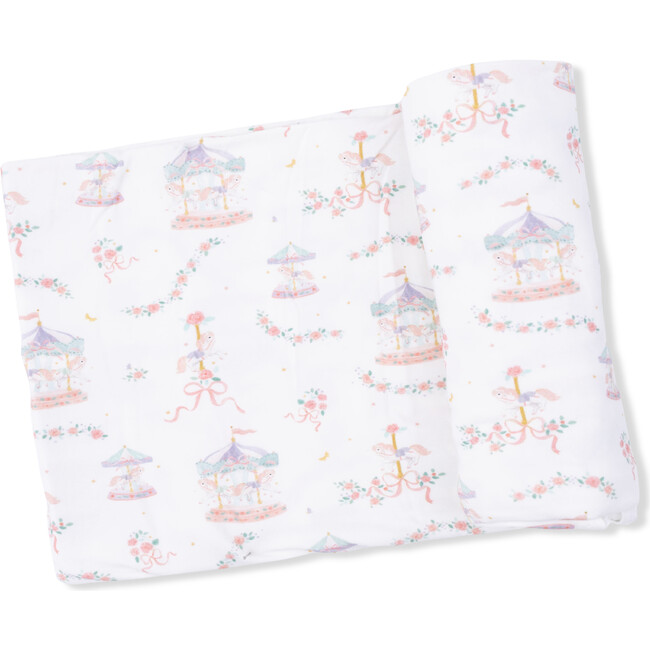 Carousel with Bows, 2 Way Ruffle Back Zipper Footie, Headband, & Swaddle Blanket Set