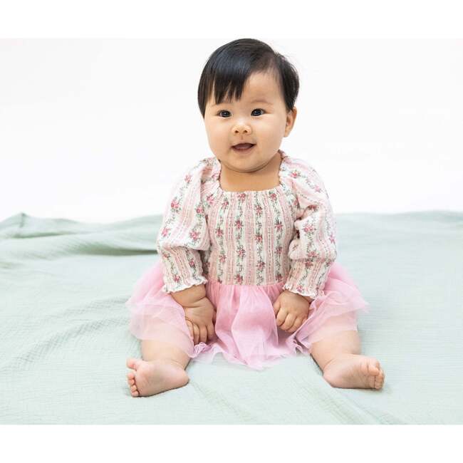 Winding Roses Stripe, Long Sleeve Smocked Bubble with Tutu