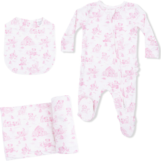 Puppy Toile Pink, 2 Way Ruffle Back Zipper Footie with Bandana Bib, and Swaddle Blanket Set